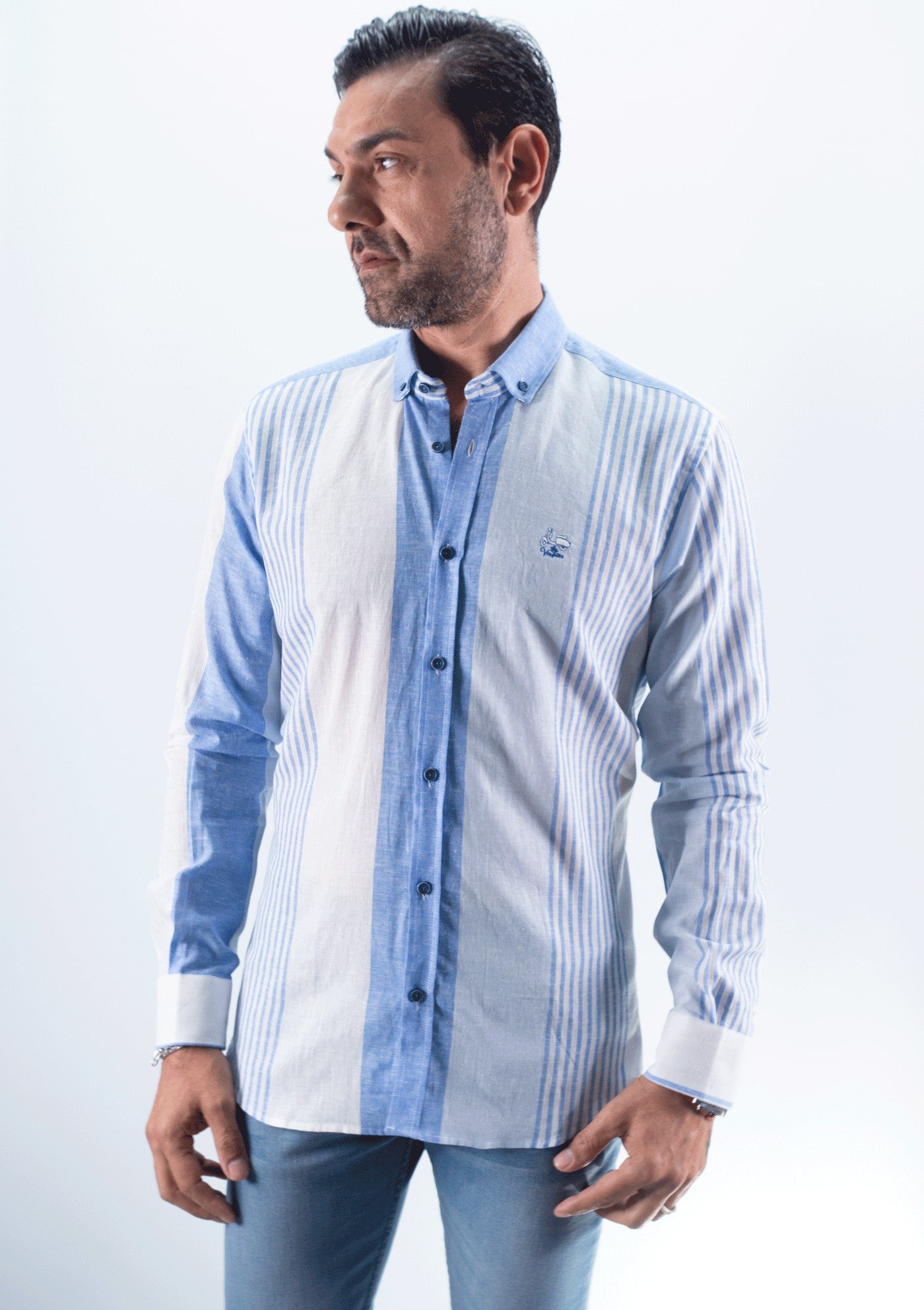 CAMISA COMBI RAYAS LA VESPITA  CELESTE